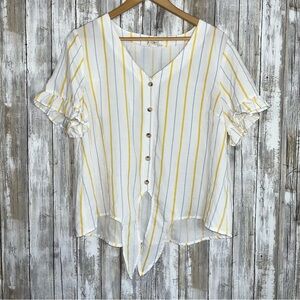 Hem & Thread White Vertical Yellow & Blue Stripe Button Tie Front Blouse